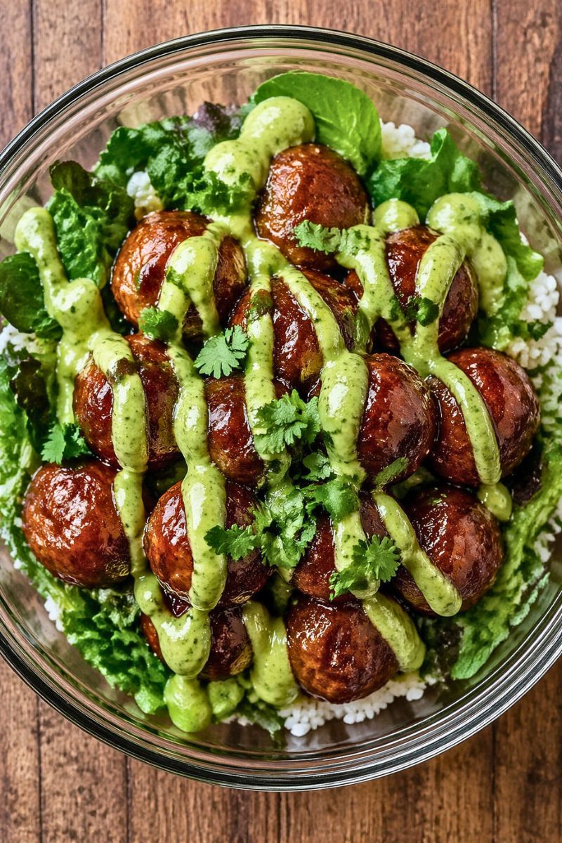 Barbecue Meatball Bowls with Avocado Goddess Sauce Recipe