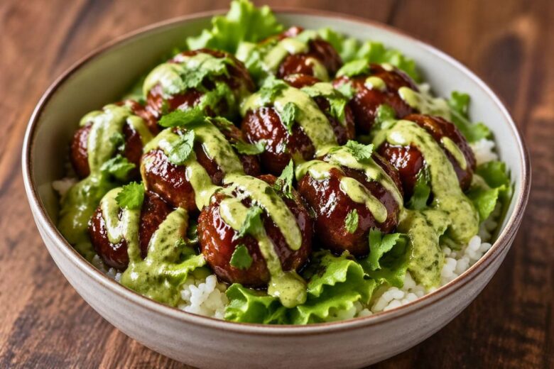 Barbecue Meatball Bowls with Avocado Goddess Sauce Recipe