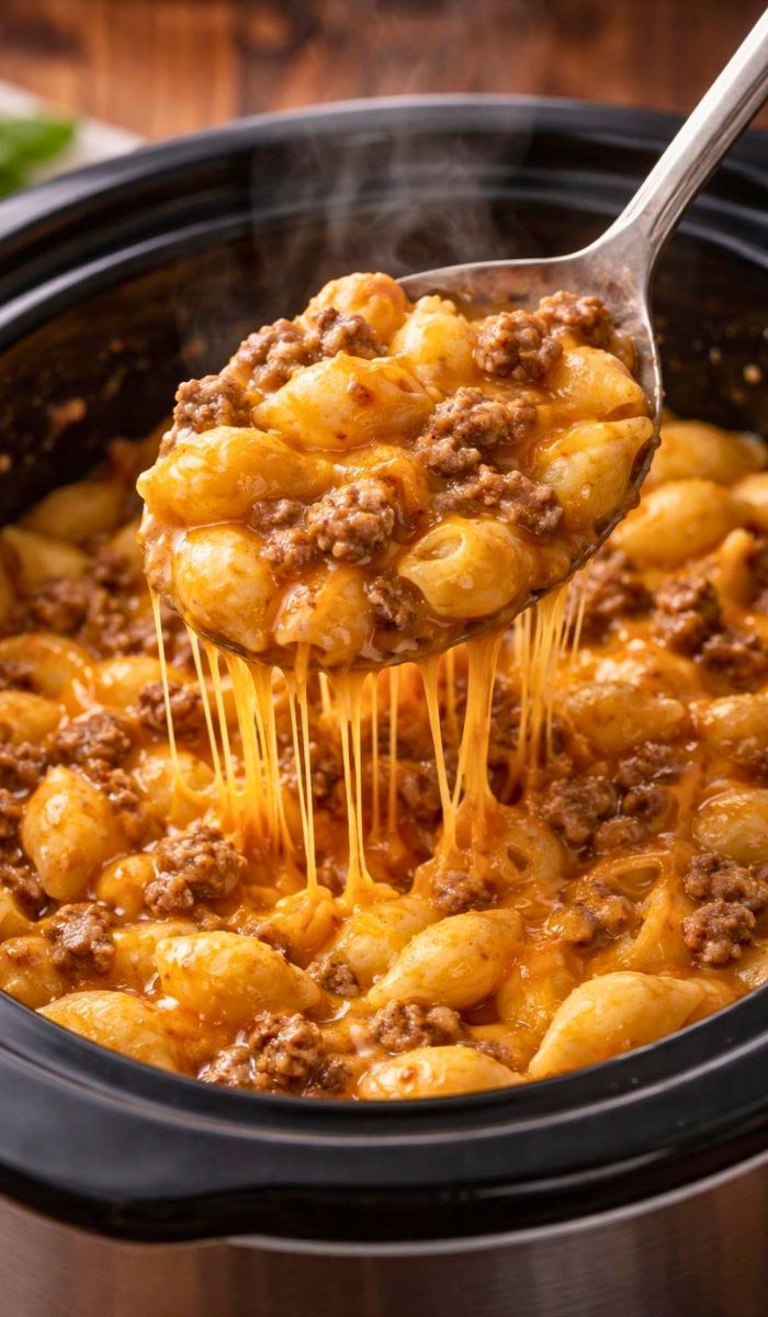 Crockpot Cheesy Ranch Beef Pasta Shells Recipe