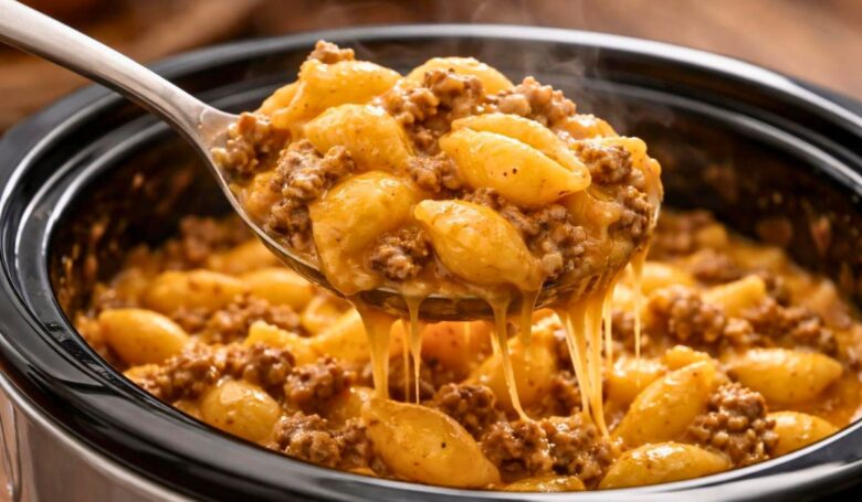 Crockpot Cheesy Ranch Beef Pasta Shells Recipe