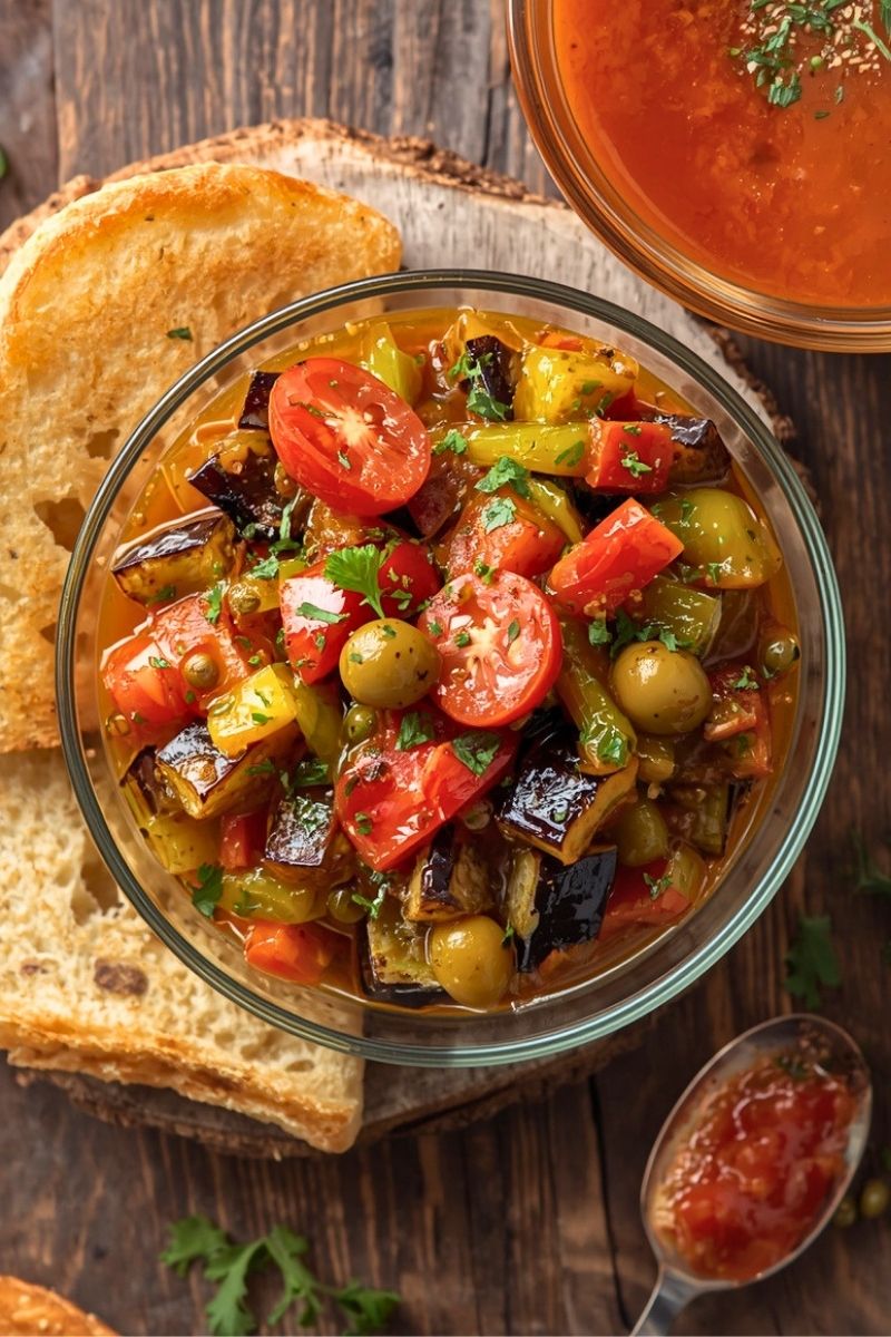 Caponata Eggplant Relish with Garlic Bread and Soup Recipe